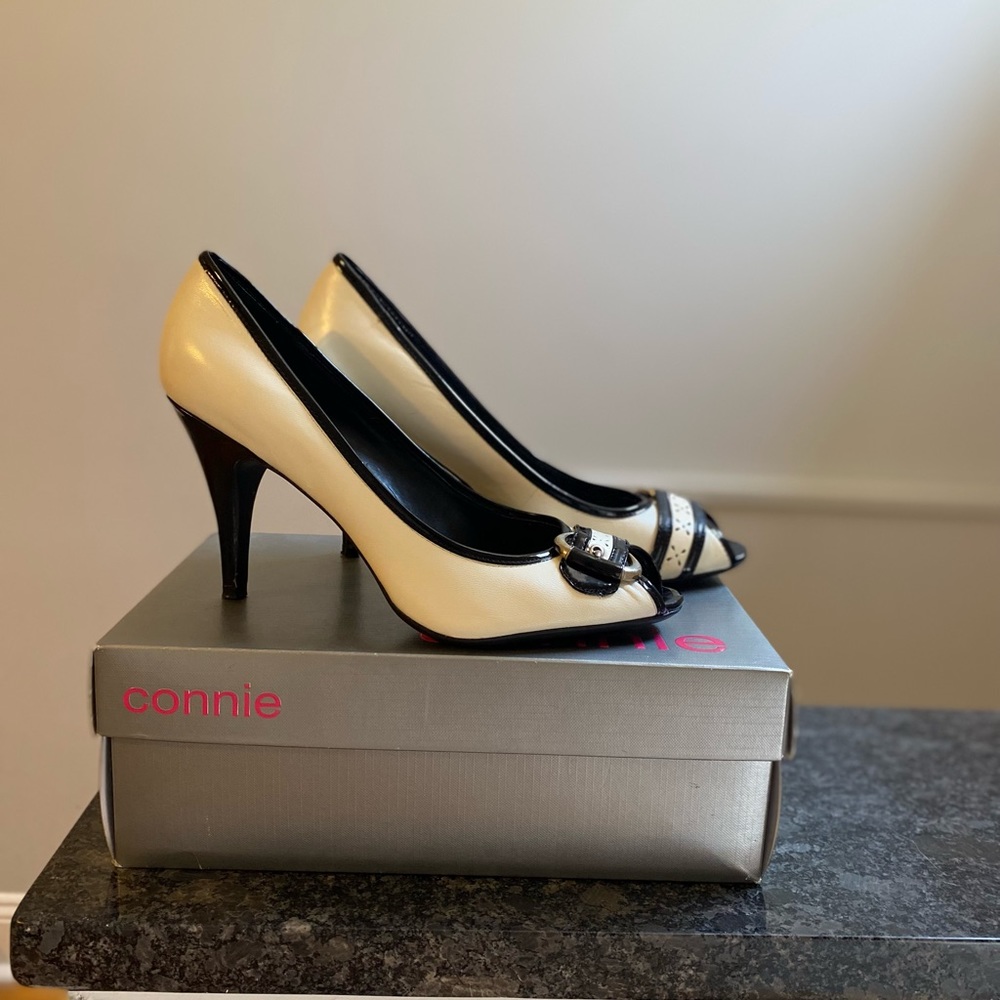 Size 10 white & black peep toe high heels